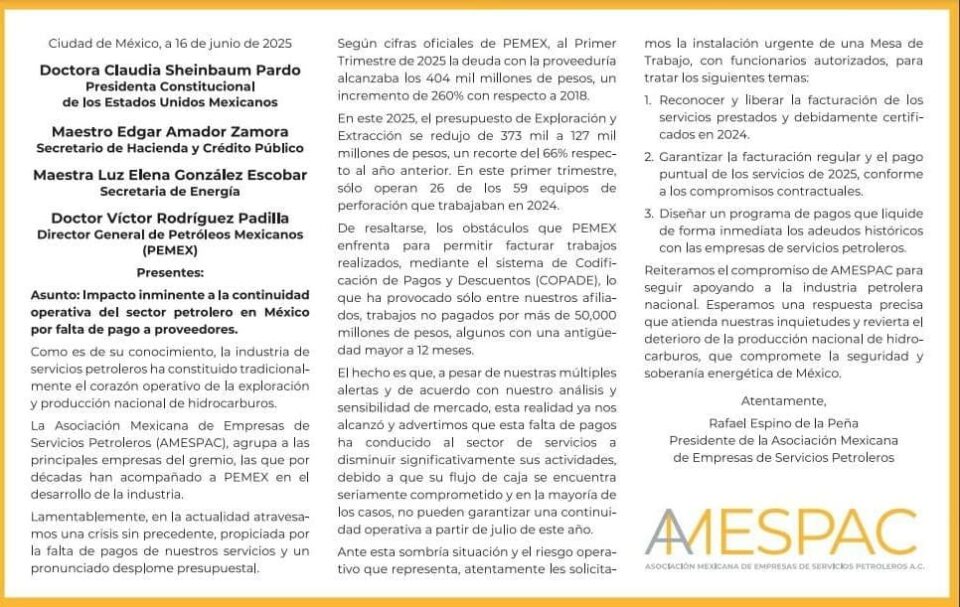 AMESPAC solicita a Pemex pago de 50,000 mdp para seguir prestando servicios