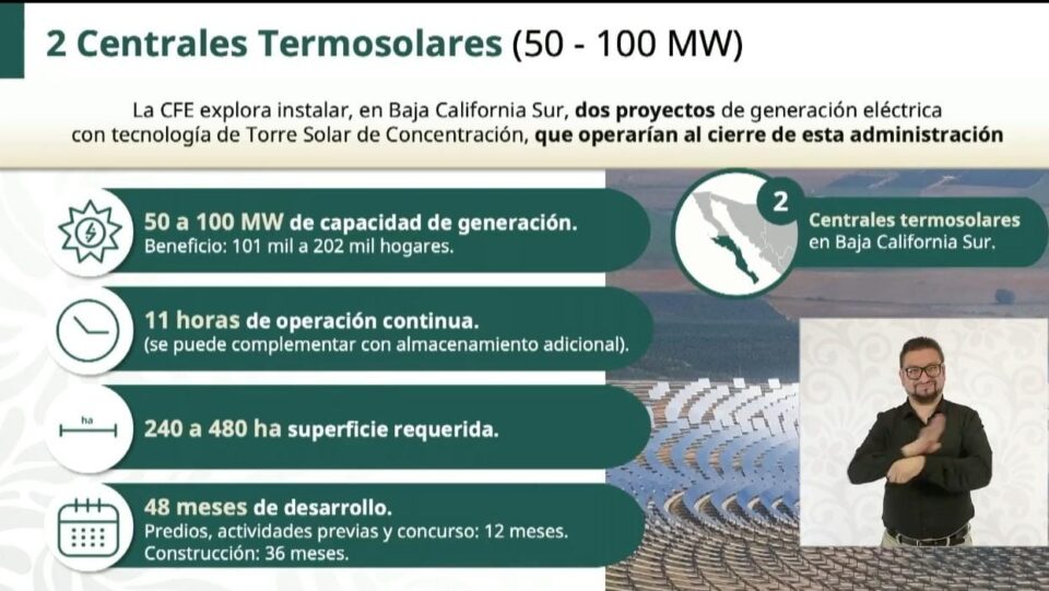 CFE anuncia inversión de 800 mdd en plantas termosolares en Baja California Sur