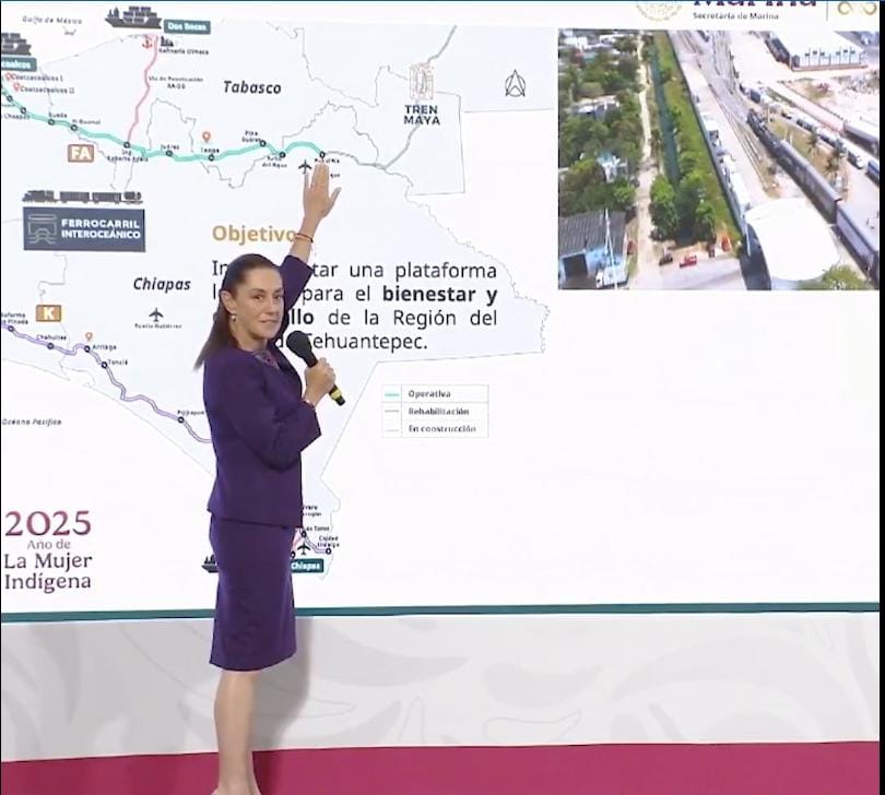 Sheinbaum destaca avances del Corredor Interoceánico con conexión con el Tren Maya y refinería Dos Bocas